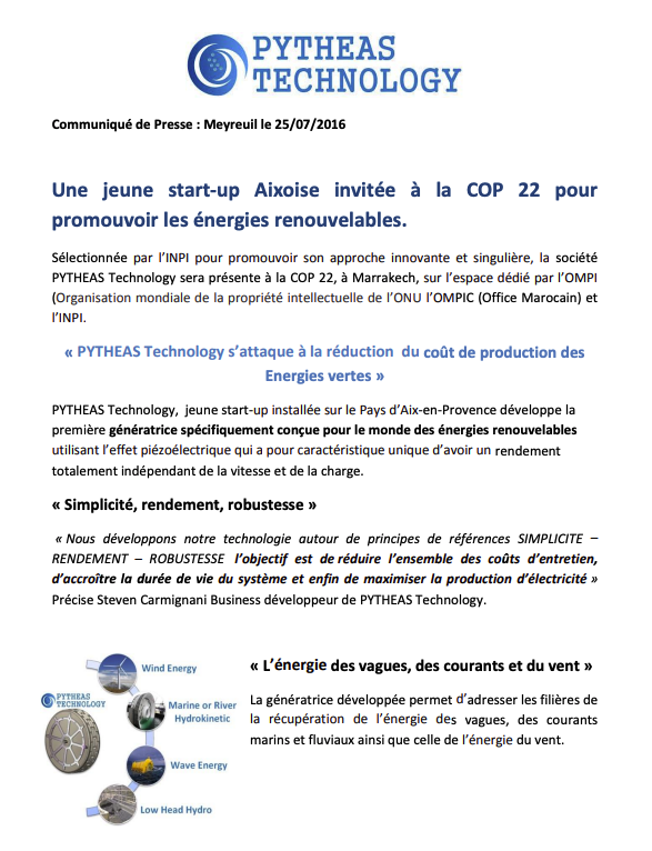 Pytheas Technology invited at the COP 22